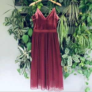 NWT Express Velvet Bodice Tulle Midi Dress, Wine